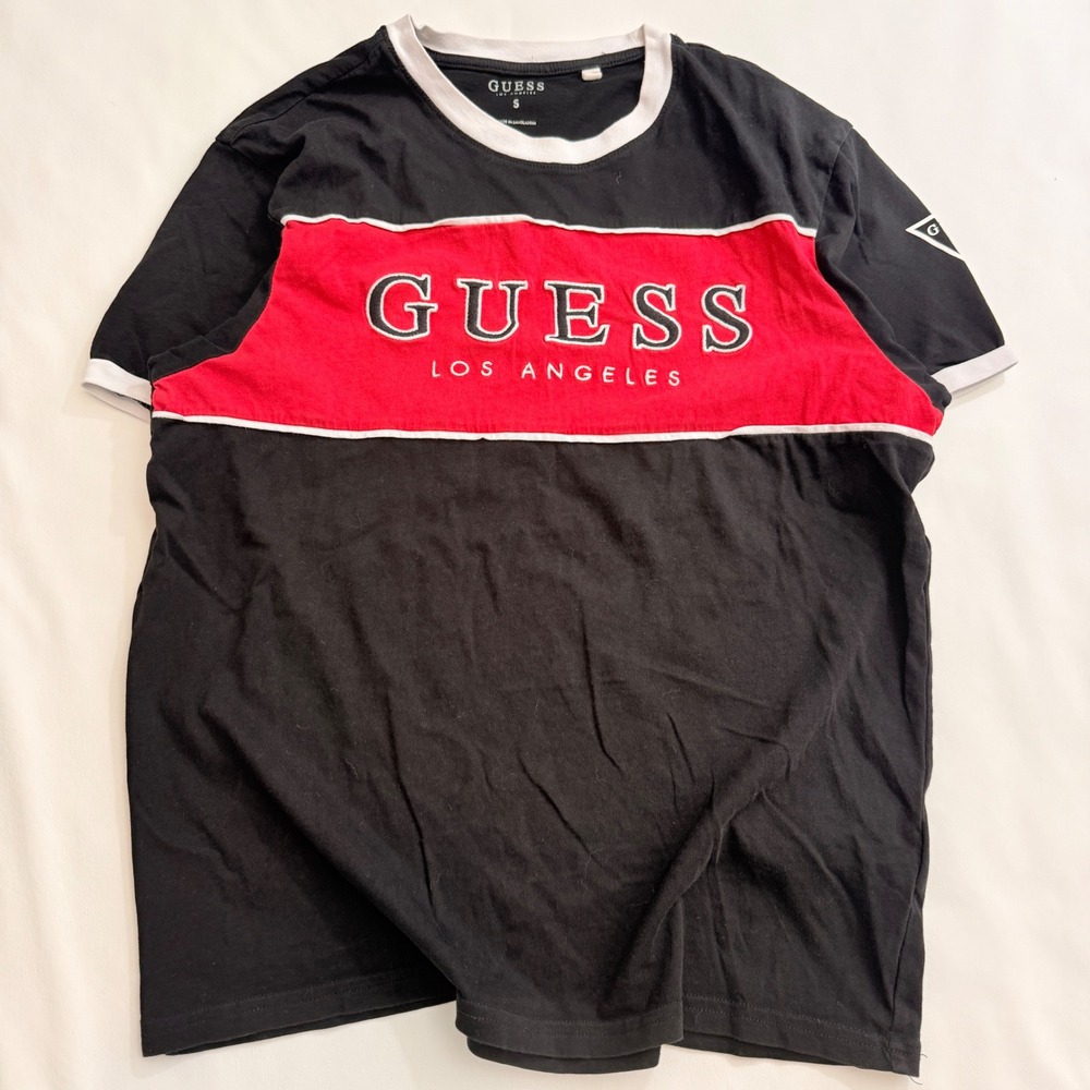 Guess T-Shirt Men S Black Red Colorblock Embroidered Logo Ringer Tee